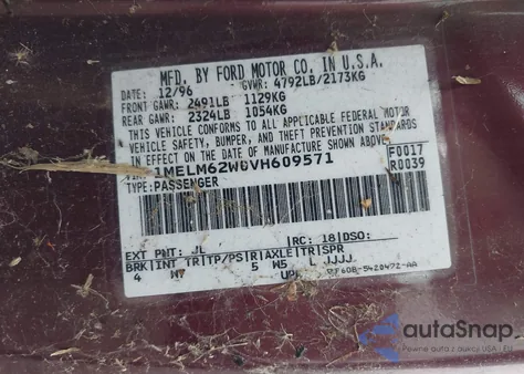 1997 Mercury Cougar Xr7 z USA, uszkodzony, nr VIN 1MELM62W0VH609571